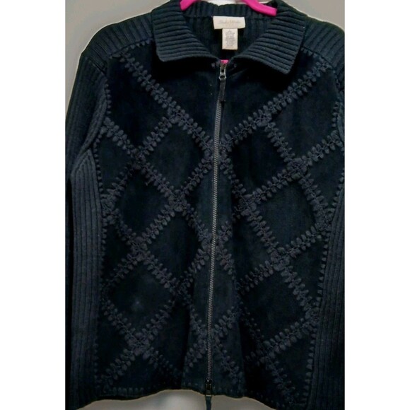 Vintage Studio Works Black Patchwork Leather Knit Zip Sweater Large Y2K Grunge - Picture 4 of 8